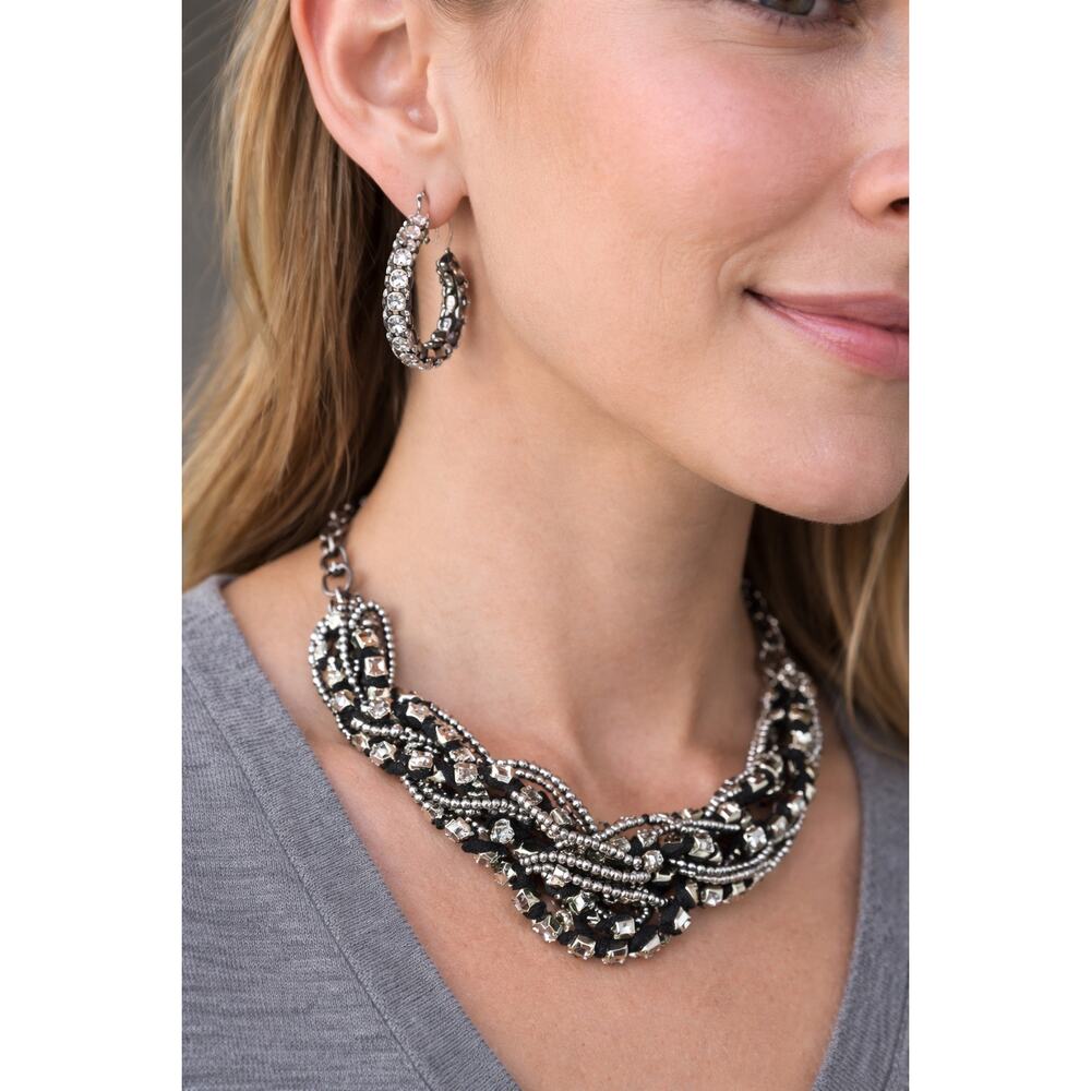 Statement Necklace and Rhinestone Hoop Earrings Set Gunmetal Silver Black